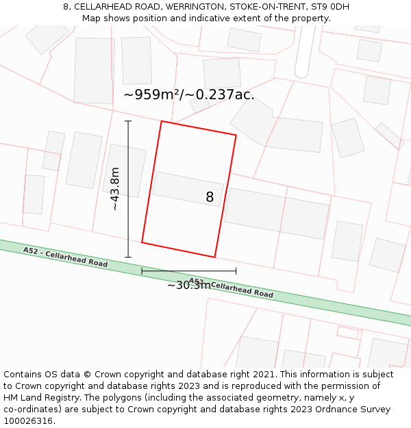 8, CELLARHEAD ROAD, WERRINGTON, STOKE-ON-TRENT, ST9 0DH: Plot and title map