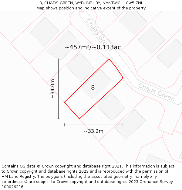 8, CHADS GREEN, WYBUNBURY, NANTWICH, CW5 7NL: Plot and title map