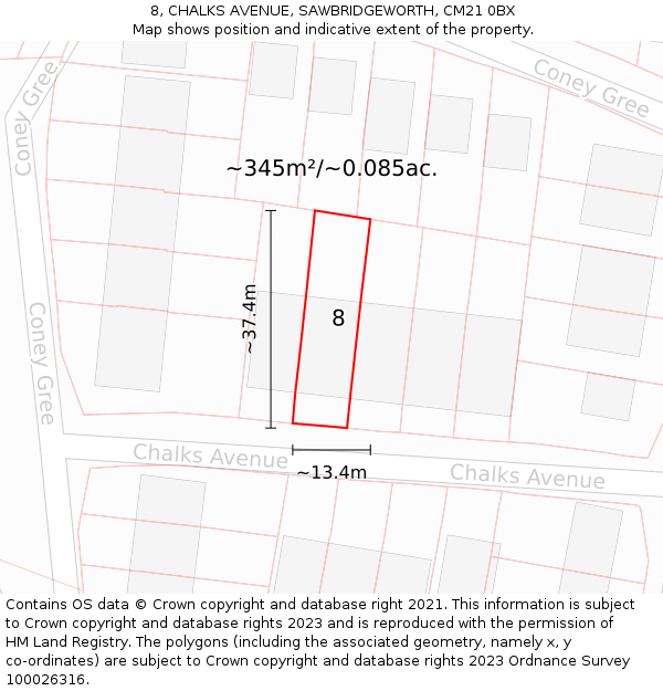 8, CHALKS AVENUE, SAWBRIDGEWORTH, CM21 0BX: Plot and title map