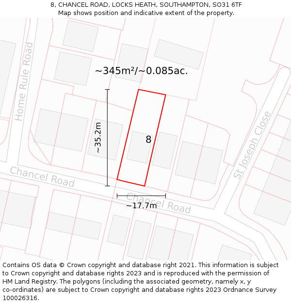 8, CHANCEL ROAD, LOCKS HEATH, SOUTHAMPTON, SO31 6TF: Plot and title map