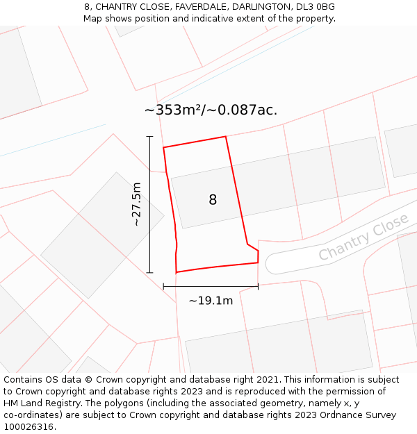 8, CHANTRY CLOSE, FAVERDALE, DARLINGTON, DL3 0BG: Plot and title map