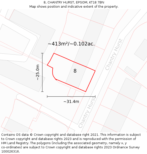 8, CHANTRY HURST, EPSOM, KT18 7BN: Plot and title map