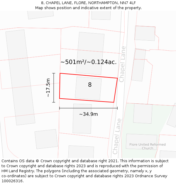 8, CHAPEL LANE, FLORE, NORTHAMPTON, NN7 4LF: Plot and title map