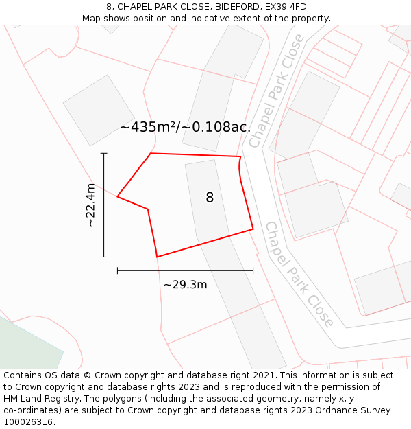 8, CHAPEL PARK CLOSE, BIDEFORD, EX39 4FD: Plot and title map