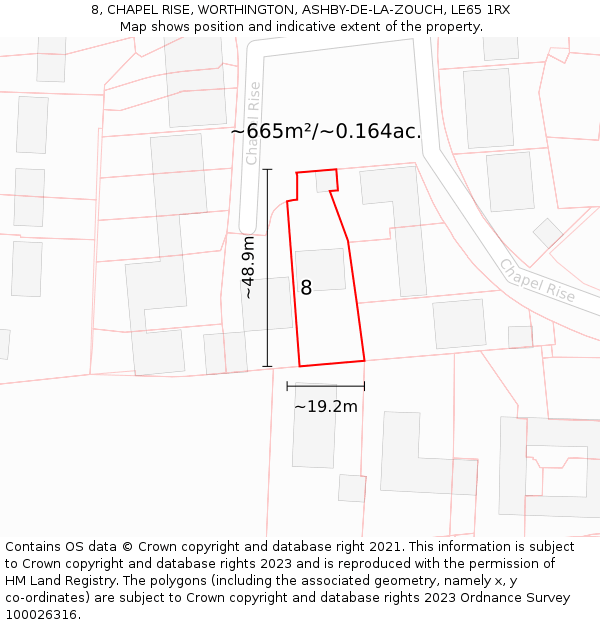 8, CHAPEL RISE, WORTHINGTON, ASHBY-DE-LA-ZOUCH, LE65 1RX: Plot and title map