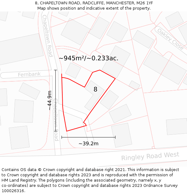 8, CHAPELTOWN ROAD, RADCLIFFE, MANCHESTER, M26 1YF: Plot and title map