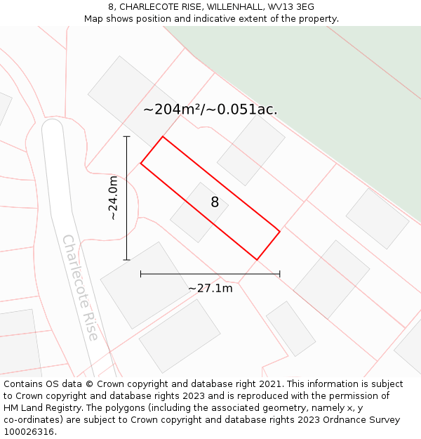 8, CHARLECOTE RISE, WILLENHALL, WV13 3EG: Plot and title map