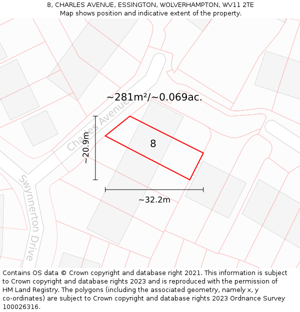 8, CHARLES AVENUE, ESSINGTON, WOLVERHAMPTON, WV11 2TE: Plot and title map