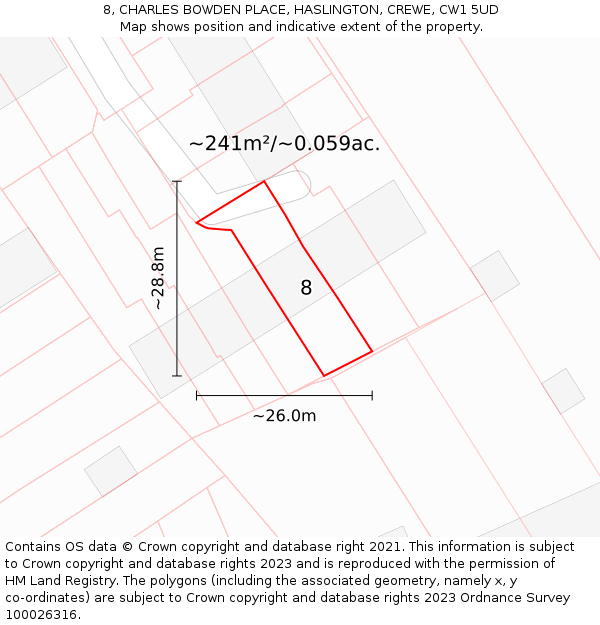 8, CHARLES BOWDEN PLACE, HASLINGTON, CREWE, CW1 5UD: Plot and title map