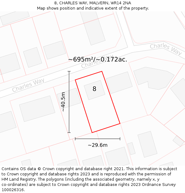 8, CHARLES WAY, MALVERN, WR14 2NA: Plot and title map