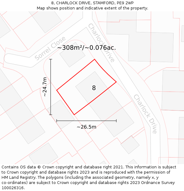 8, CHARLOCK DRIVE, STAMFORD, PE9 2WP: Plot and title map