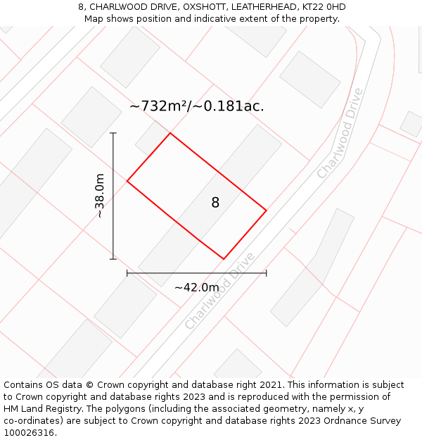 8, CHARLWOOD DRIVE, OXSHOTT, LEATHERHEAD, KT22 0HD: Plot and title map