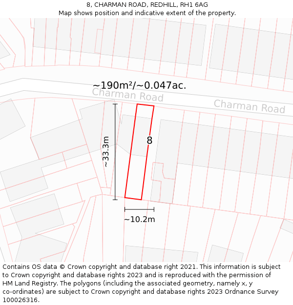 8, CHARMAN ROAD, REDHILL, RH1 6AG: Plot and title map