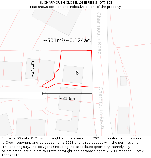 8, CHARMOUTH CLOSE, LYME REGIS, DT7 3DJ: Plot and title map