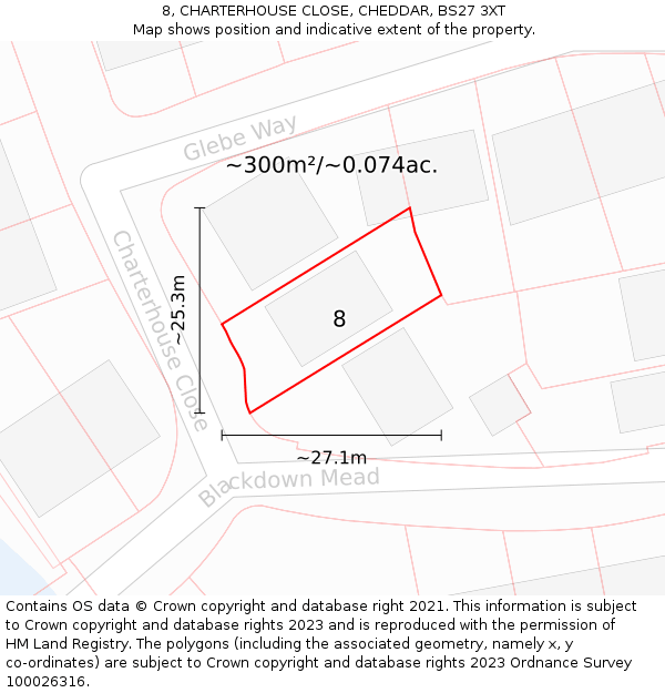 8, CHARTERHOUSE CLOSE, CHEDDAR, BS27 3XT: Plot and title map