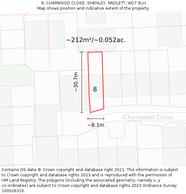 8, CHARWOOD CLOSE, SHENLEY, RADLETT, WD7 9LH: Plot and title map