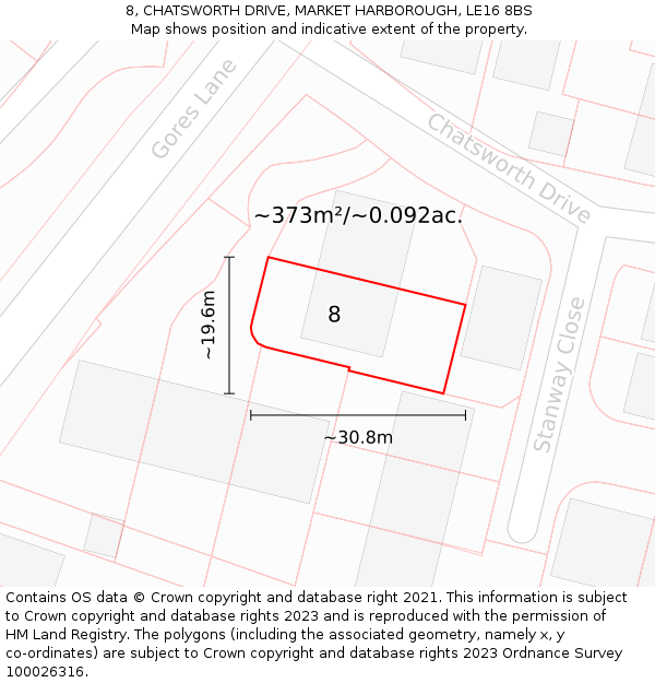 8, CHATSWORTH DRIVE, MARKET HARBOROUGH, LE16 8BS: Plot and title map