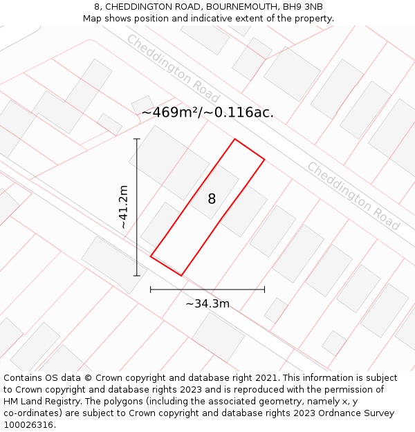 8, CHEDDINGTON ROAD, BOURNEMOUTH, BH9 3NB: Plot and title map