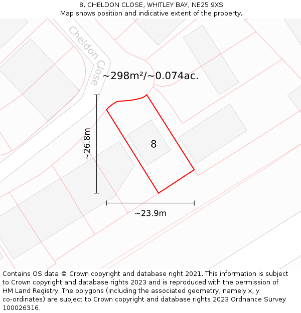 8, CHELDON CLOSE, WHITLEY BAY, NE25 9XS: Plot and title map