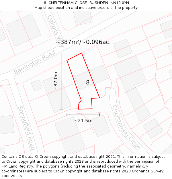 8, CHELTENHAM CLOSE, RUSHDEN, NN10 0YN: Plot and title map