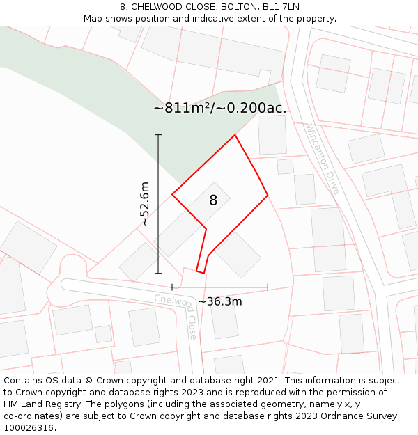 8, CHELWOOD CLOSE, BOLTON, BL1 7LN: Plot and title map