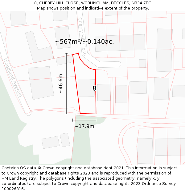 8, CHERRY HILL CLOSE, WORLINGHAM, BECCLES, NR34 7EG: Plot and title map