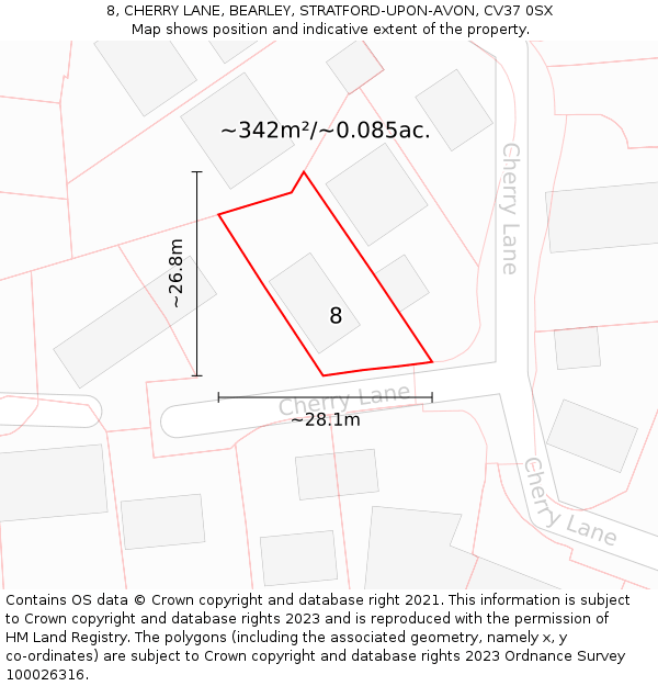 8, CHERRY LANE, BEARLEY, STRATFORD-UPON-AVON, CV37 0SX: Plot and title map