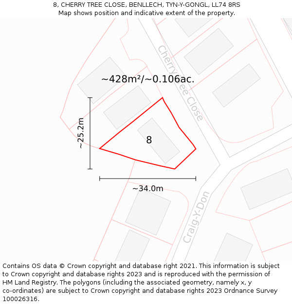 8, CHERRY TREE CLOSE, BENLLECH, TYN-Y-GONGL, LL74 8RS: Plot and title map