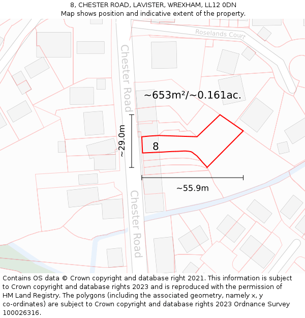 8, CHESTER ROAD, LAVISTER, WREXHAM, LL12 0DN: Plot and title map