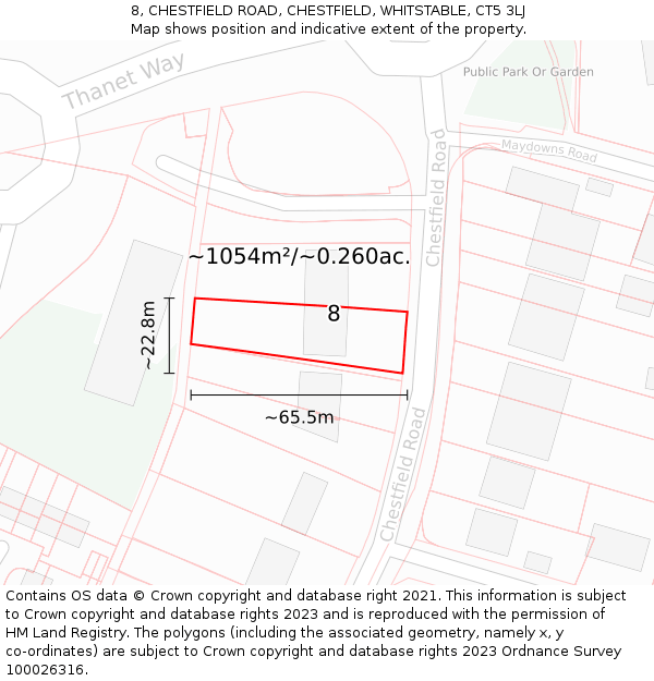 8, CHESTFIELD ROAD, CHESTFIELD, WHITSTABLE, CT5 3LJ: Plot and title map