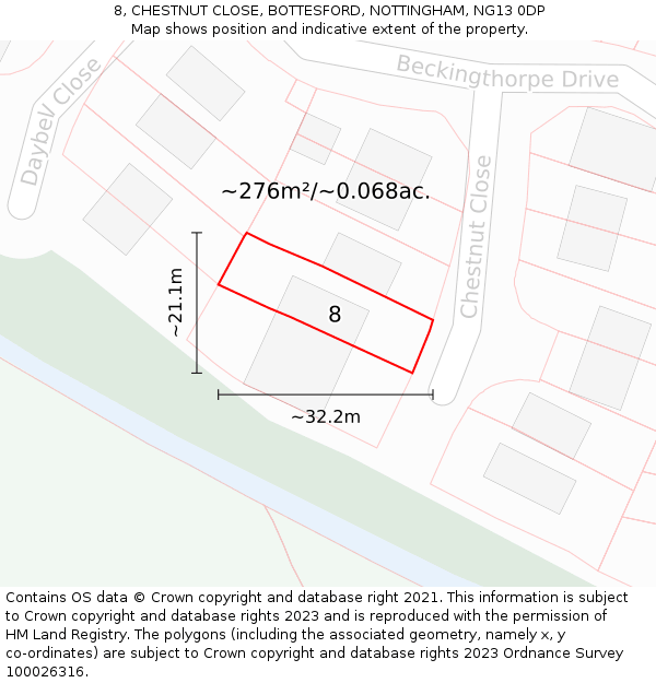8, CHESTNUT CLOSE, BOTTESFORD, NOTTINGHAM, NG13 0DP: Plot and title map