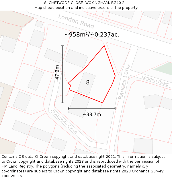 8, CHETWODE CLOSE, WOKINGHAM, RG40 2LL: Plot and title map