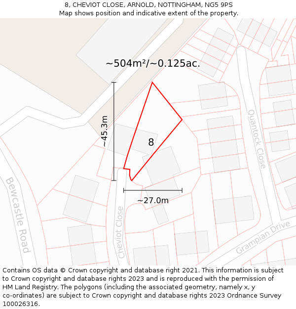 8, CHEVIOT CLOSE, ARNOLD, NOTTINGHAM, NG5 9PS: Plot and title map