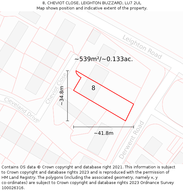 8, CHEVIOT CLOSE, LEIGHTON BUZZARD, LU7 2UL: Plot and title map