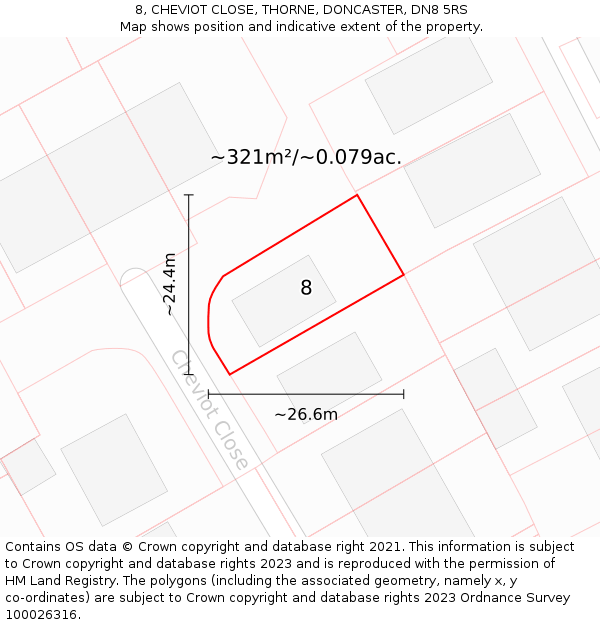8, CHEVIOT CLOSE, THORNE, DONCASTER, DN8 5RS: Plot and title map