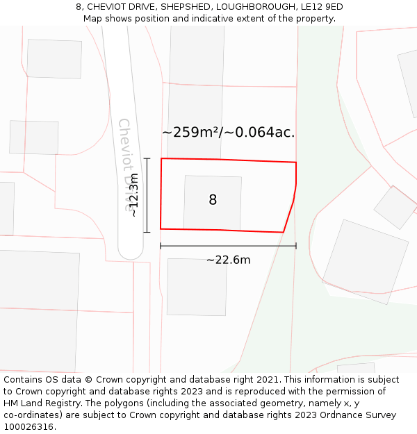 8, CHEVIOT DRIVE, SHEPSHED, LOUGHBOROUGH, LE12 9ED: Plot and title map