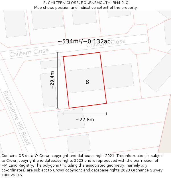 8, CHILTERN CLOSE, BOURNEMOUTH, BH4 9LQ: Plot and title map