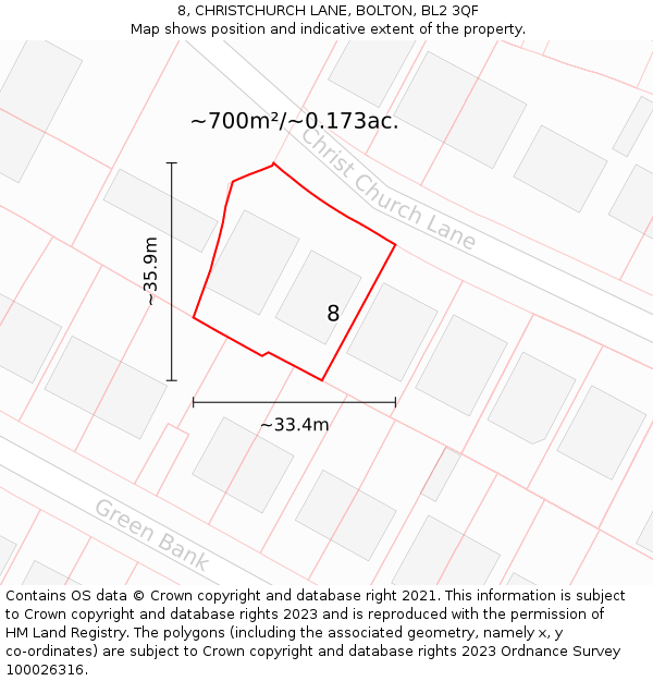 8, CHRISTCHURCH LANE, BOLTON, BL2 3QF: Plot and title map