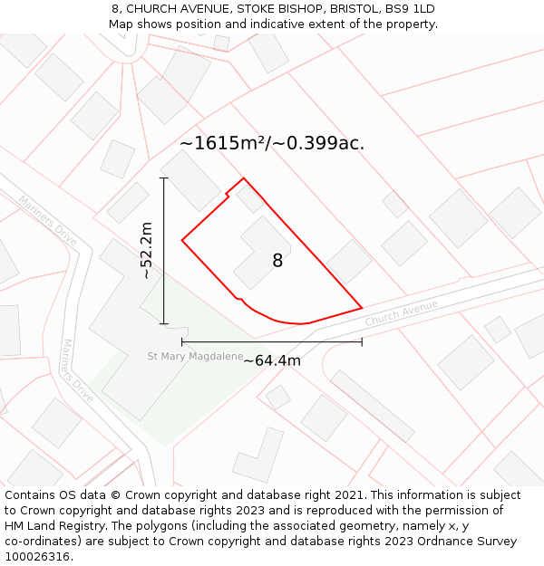 8, CHURCH AVENUE, STOKE BISHOP, BRISTOL, BS9 1LD: Plot and title map