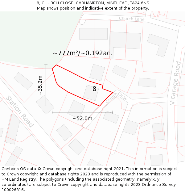 8, CHURCH CLOSE, CARHAMPTON, MINEHEAD, TA24 6NS: Plot and title map