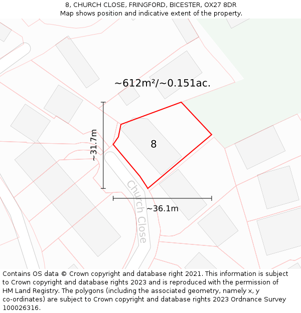 8, CHURCH CLOSE, FRINGFORD, BICESTER, OX27 8DR: Plot and title map