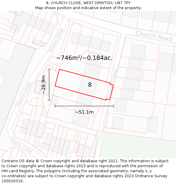 8, CHURCH CLOSE, WEST DRAYTON, UB7 7PY: Plot and title map