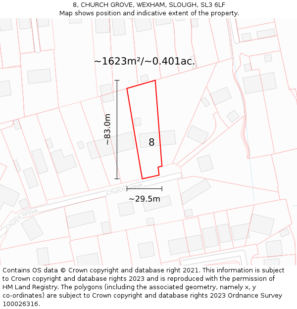 8, CHURCH GROVE, WEXHAM, SLOUGH, SL3 6LF: Plot and title map