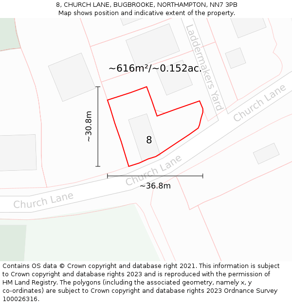 8, CHURCH LANE, BUGBROOKE, NORTHAMPTON, NN7 3PB: Plot and title map