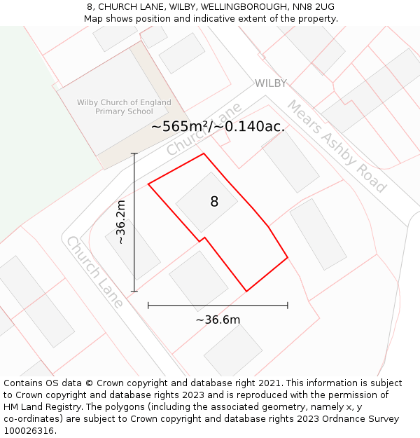 8, CHURCH LANE, WILBY, WELLINGBOROUGH, NN8 2UG: Plot and title map