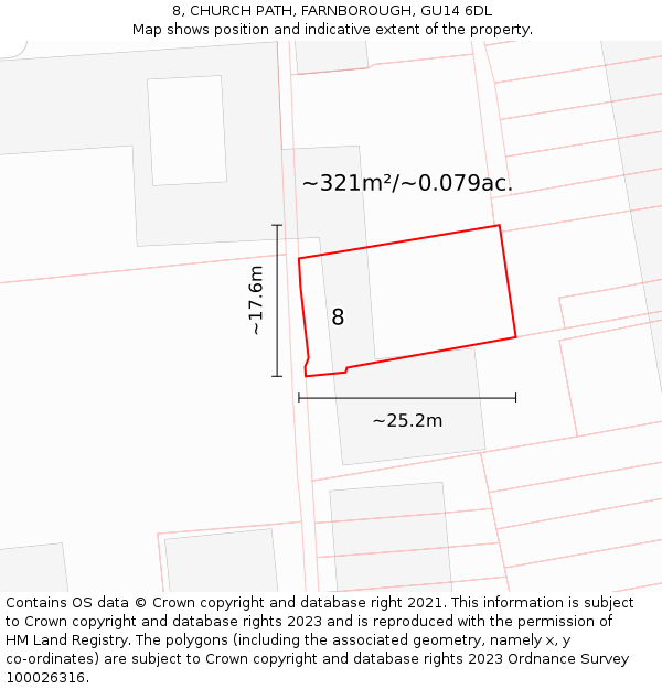 8, CHURCH PATH, FARNBOROUGH, GU14 6DL: Plot and title map