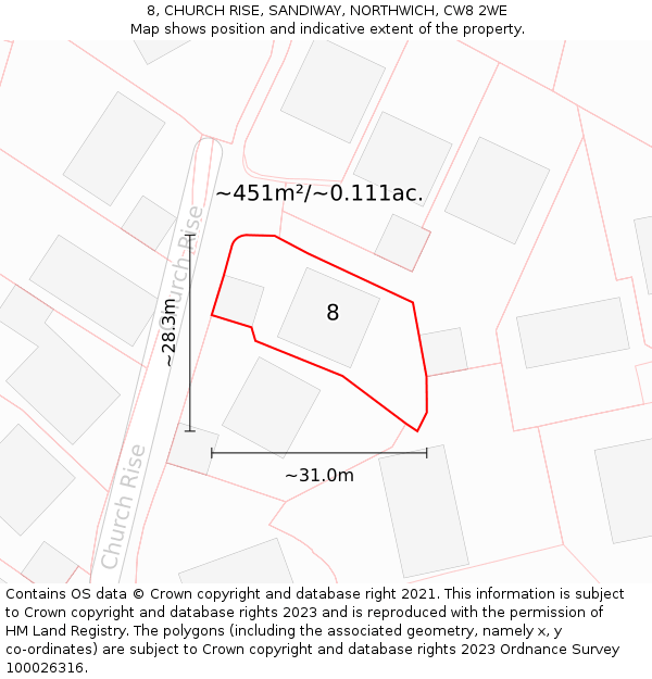 8, CHURCH RISE, SANDIWAY, NORTHWICH, CW8 2WE: Plot and title map