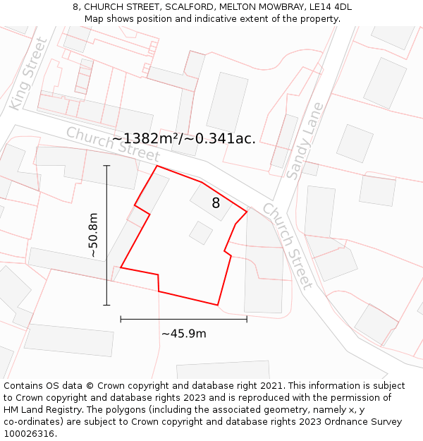 8, CHURCH STREET, SCALFORD, MELTON MOWBRAY, LE14 4DL: Plot and title map