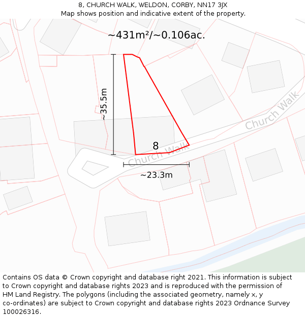 8, CHURCH WALK, WELDON, CORBY, NN17 3JX: Plot and title map