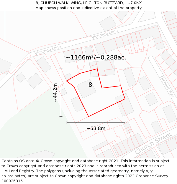 8, CHURCH WALK, WING, LEIGHTON BUZZARD, LU7 0NX: Plot and title map